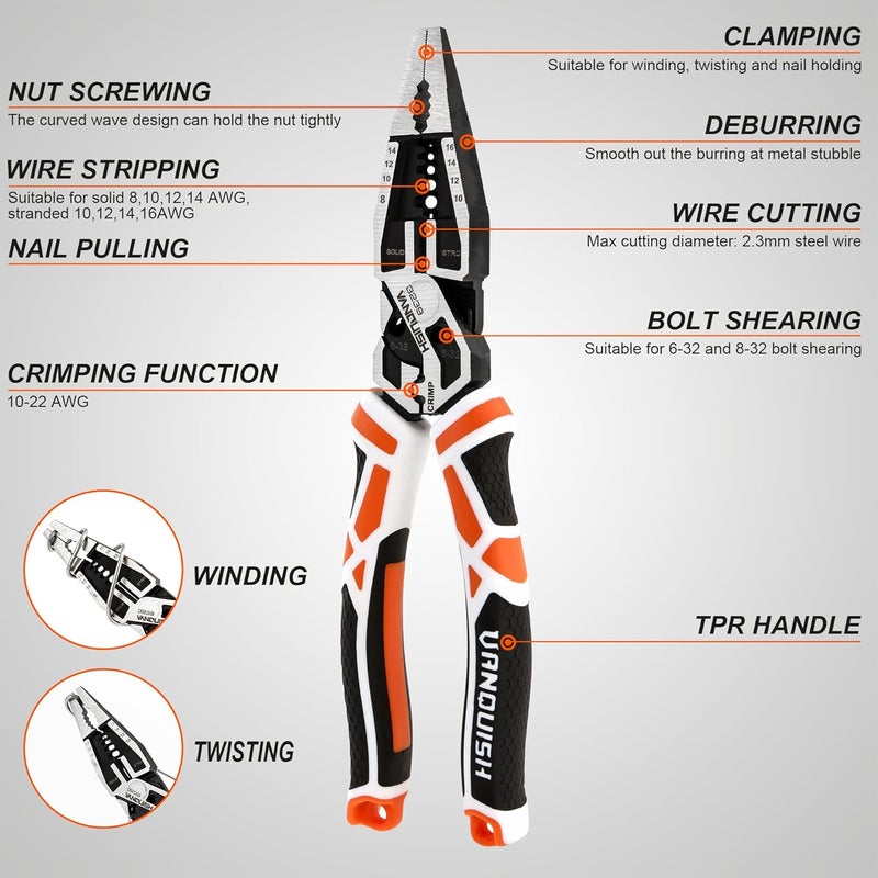 Vanquish 10-in-1 Long Nose Pliers, 8‘’ Multipurpose Combination Pliers Wire Cutter/Crimper/Stripper, CRV Steel, Heavy Duty Side-Cutting Pliers for Crimping, Stripping, Shearing, Deburring, 3239 - Image 3
